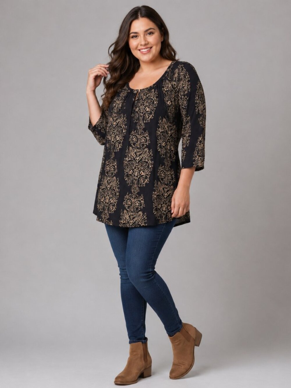 Lucky Brand Top Womens Size 1X Black Beige 3/4 Raglan Sleeve Viscose Relaxed Fit